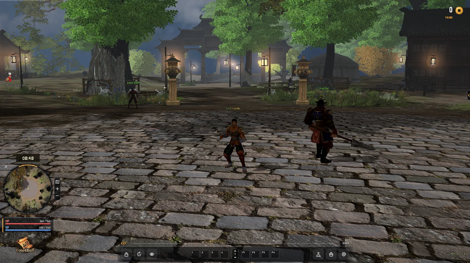 A level 1 Warrior in the Jinno town square beside the guard, with the HUD and minimap